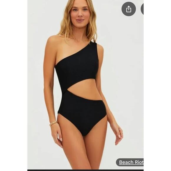 Beach Riot Sz S Swimsuit Celine Ribbed One Shoulder Cut Out Black One Piece NWT - Picture 1 of 11